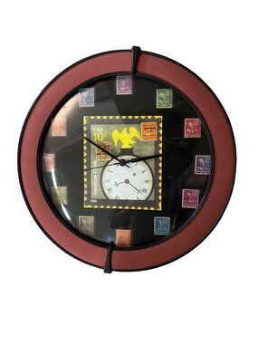 Stamp Wall Clock Philatelic Decor Red Black 11.5” Working Used